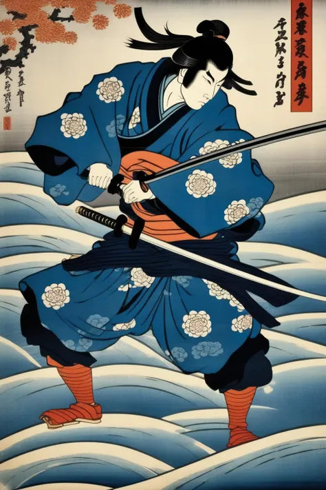 <lora:Ukiyo-e Art:1>Ukiyo-e Art - woodblock print ukiyo-e style of a Samurai practicing sword fighting blue colors