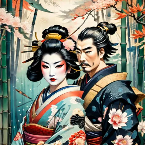 1man, 1woman, samurai and geisha, koi, bamboo forest <lora:Ukiyo-e Art:1> Ukiyo-e Art <lora:xl_more_art-full_v1:1>, (masterpiece:1.2), best quality
