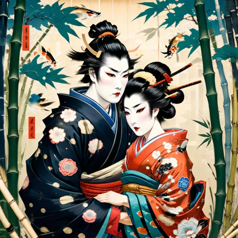 1man, 1woman, samurai and geisha, koi, bamboo forest <lora:Ukiyo-e Art:1> Ukiyo-e Art <lora:xl_more_art-full_v1:1>, (masterpiece:1.2), best quality