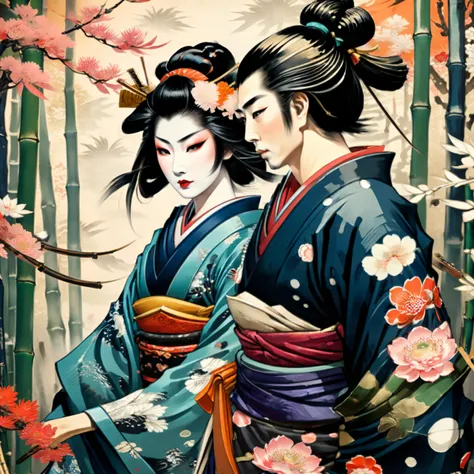 1man, 1woman, samurai and geisha, koi, bamboo forest <lora:Ukiyo-e Art:1> Ukiyo-e Art <lora:xl_more_art-full_v1:1>, (masterpiece:1.2), best quality