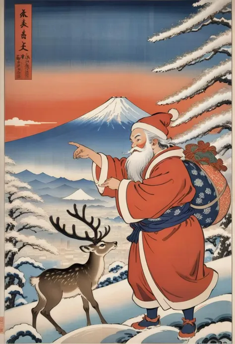 A poster of a ronin-style Santa Claus patting a reindeer, Hokusai's Panoramic View of Fuji, Ukiyo-e Art, <lora:Ukiyo-e Art:0.8>