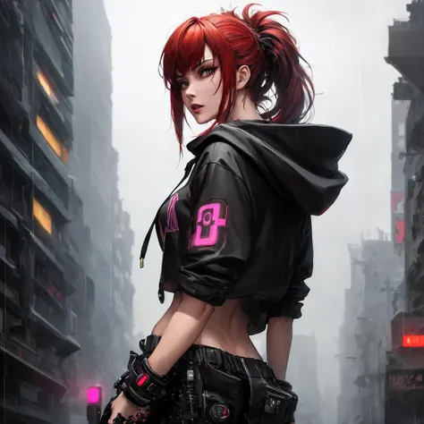 best quality, masterpiece, cinematic, realistic, cyberpunk, cyberpunk city, neon, volumetric lighting, black sky, (raining, thunderstorm), 1girl, (cyberpunk clothing, hoodie, pants, punk clothes), (flowing red hair), water reflecting off ground, from behind, ((hidden face)),