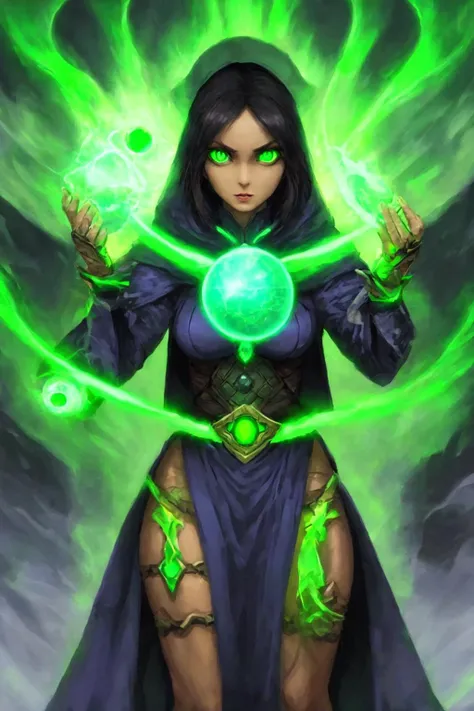 1women mage glowing green eyes, grabbing an orb of dark energy, trending on artstation