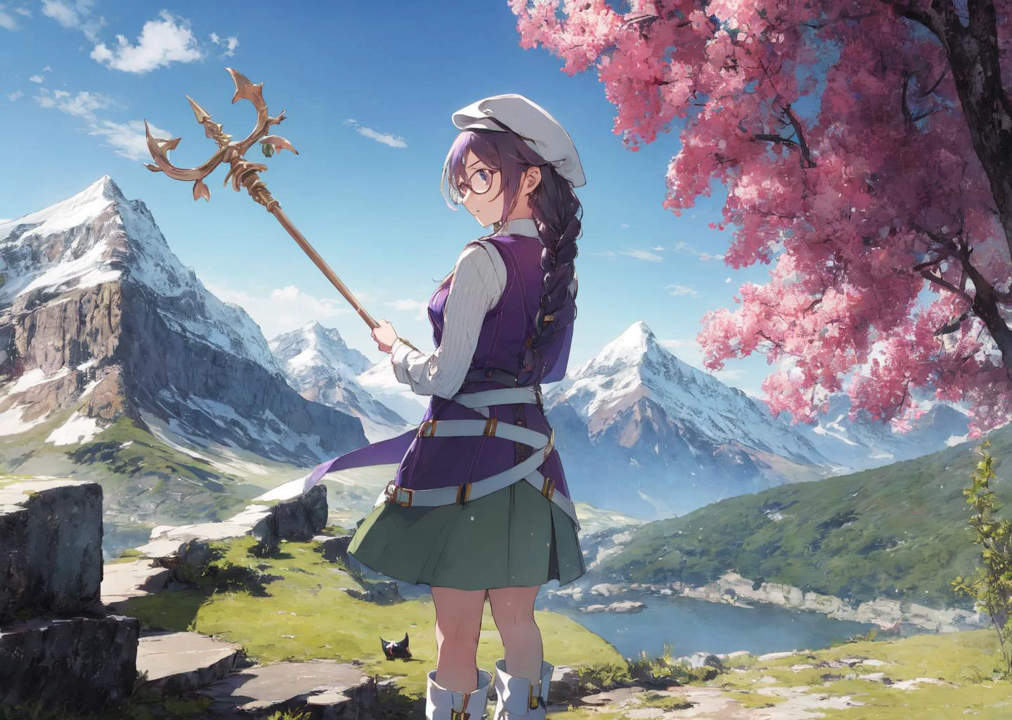 masterpiece:1.2, best quality, 1girl, 1cat, emma millstein, <lora:emma-nvwls-v1-final:0.8>, braided ponytail, purple sleeveless coat, white shirt, green skirt, belts, white boots, glasses, newsboy hat, back view, upper body, close up, holding a staff, <lyco:UnlimitedBladeWorksv0.2:1.0>,mountain top, scenic,