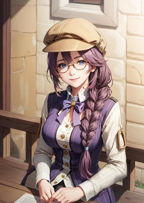masterpiece, best quality, emma millstein, glasses, newsboy hat, braided ponytail, purple sleeveless coat, white shirt, upper body, tender smile, looking at viewer <lora:emma-nvwls-v2-000010:0.9>
