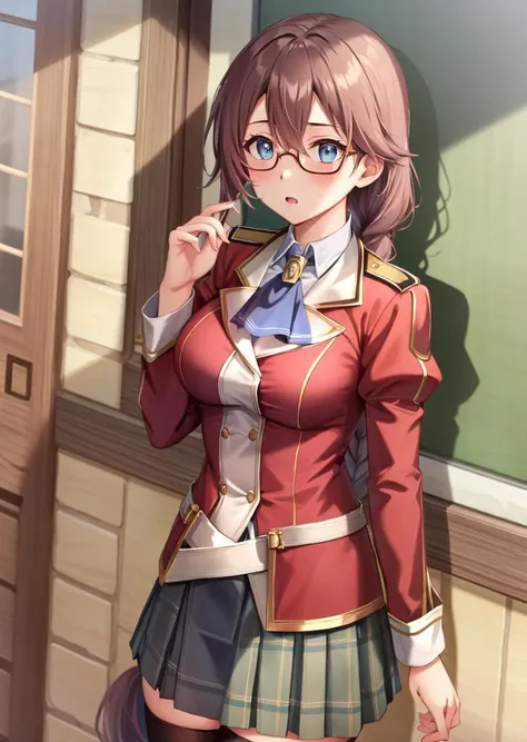 masterpiece, best quality, emma millstein, glasses, braided ponytail, glasses, blue ascot, school uniform, plaid skirt, black thighhighs, cowboy shot, look of surprise, blushing <lora:emma-nvwls-v2-000010:0.8>