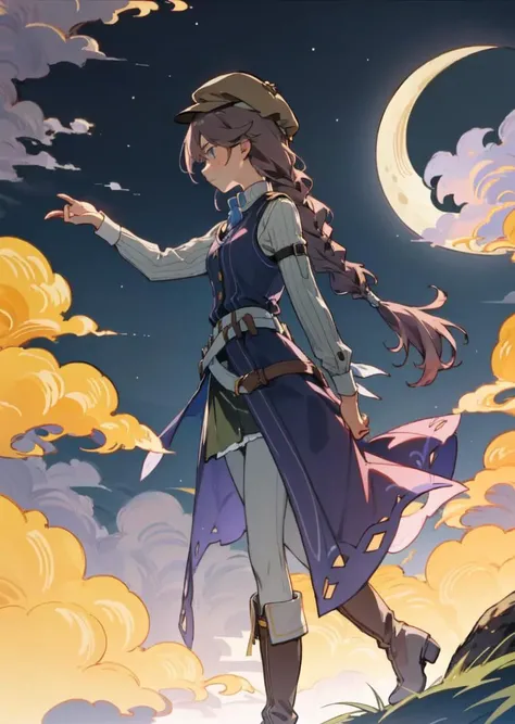 masterpiece, best quality, emma millstein, newsboy hat, braided ponytail, purple sleeveless coat, white shirt, green skirt, belts, white boots, walking up a hill, night, moon, side view <lora:emma-nvwls-v2-000010:0.8>