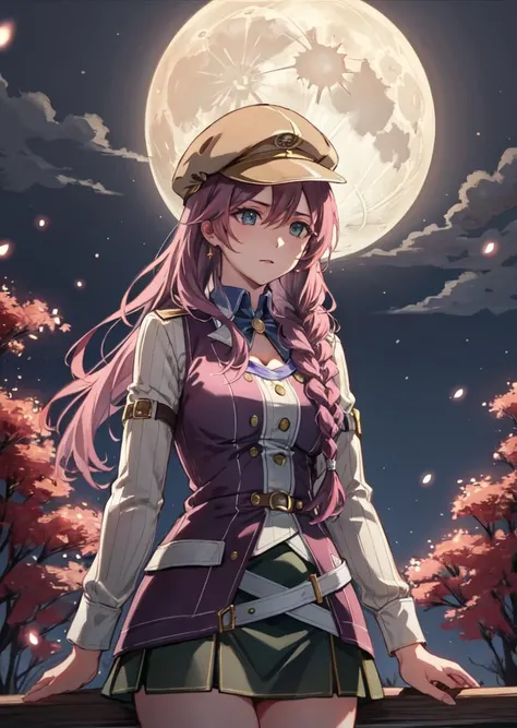 masterpiece, best quality, emma millstein, newsboy hat, braided ponytail, purple sleeveless coat, white shirt, green skirt, belts, cowboy shot, night, moon, village, fireflies <lora:emma-nvwls-v2-000010:0.8>