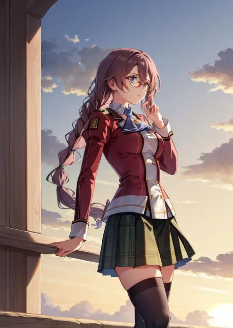 masterpiece, best quality, emma millstein, glasses, braided ponytail, glasses, blue ascot, school uniform, plaid skirt, black thighhighs, from side, serious expression on face, sad, sunset<lora:emma-nvwls-v2-000010:1.0>