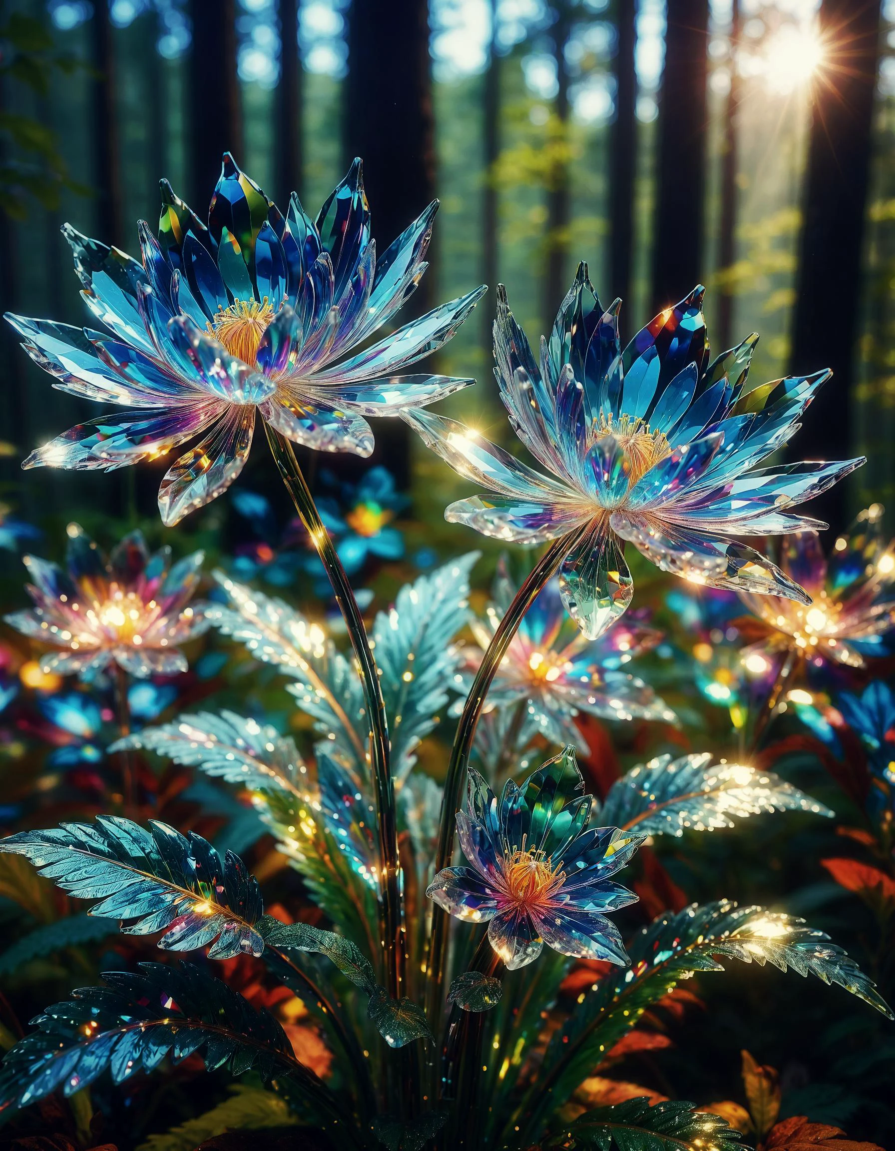 intricate luminescent flowers made of crystal glass, glossy, ral-crztlgls, multiple color rays, in mystique forest, refraction of light, diffraction of light, visually appealing, balanced composition, elegant, rich color palette, embedding:OverallDetail, <lora:SDXL\ral-crztlgls-sdxl:0.7>, <lora:SDXL\MJ52:0.25>, <lora:SDXL\sd_xl_dpo_lora_v1:0.5>, <lora:SDXL\xl_more_art-full_v1:0.25>,