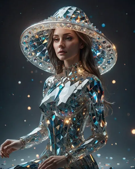 bioluminescent, fabulous, magical radiance, Concept art, depth of field, realistic, cinematic lighting, soft shadows, asymmetrical fractal, colorful, vivid colors, volumetric lighting, wind, particles, ral-crztlgls of a (Female Cardassian:1.3) , she is looking neutral, wearing Floppy hat, Meditation pose, most beautiful artwork in the world, <lora:ral-crztlgls:1>