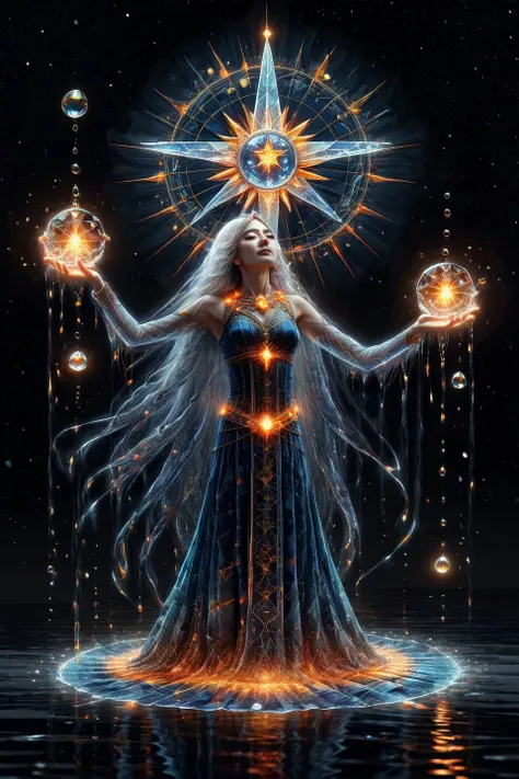 ral-crztlgls glowing fantasy, a coloured line drawing of a mature Malaysian Tarot The Star, air elemental, pouring water on land and sea, networks of fine glowing (orange:0.33) plasma. Intricate, very detailed. Black background. <lora:ral-crztlgls:1.1> <lora:SDXL_Black_Sa_May:1>