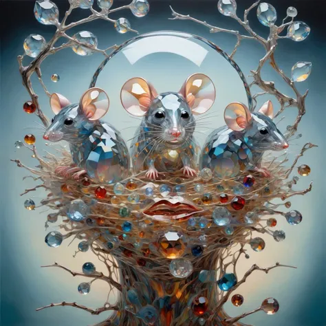 (ral-crztlgls:0.25) Colourful Surrealist painting of a face <lora:ral-crztlgls:0.50> :0.67 AND ral-crztlgls Surrealist painting of mice in a nest