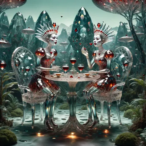 ral-crztlgls magnificent kissing mature Chilean Queen of Hearts dining in an alien landscape, glass trees, very detailed, intricate, rainforest colour palette <lora:ral-crztlgls:1>