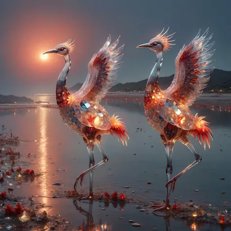 ral-crztlgls magnificent joyful mature Argentine fire elemental walking on mudflats with scarlet cranes at night, very detailed, intricate, seaside colour palette <lora:ral-crztlgls:1>