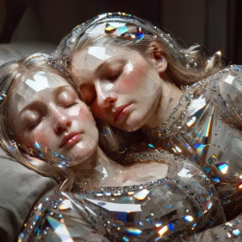 Two beautiful sleeping naked blonde European young adult woman who is wrapped in plastic and has a gift bow on her head, The woman's body is sitting facing forward on a sofa, opening your legs, Full body view, On one side is a man in a suit and tie hugging her body, Below them there is a small black sphere on the ground, Excellent lighting, hyperrealistic quality image, high resolution