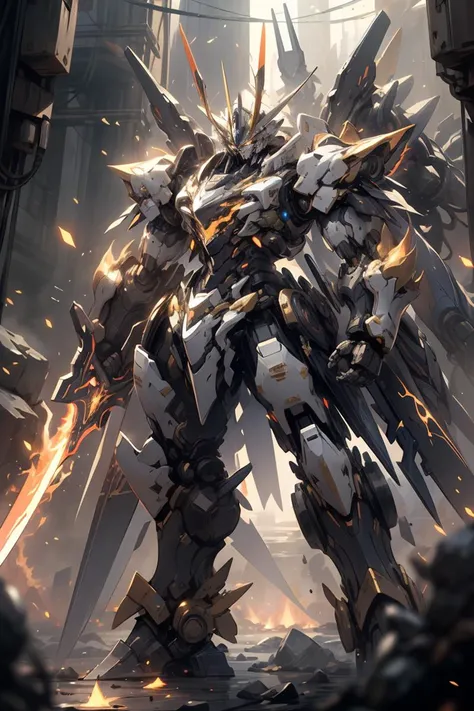 masterpiece,<lora:nijimecha:0.5>,nijimecha,Golden samurai mechs,heavy mechs,heavy armor,energy cores,crystals,stubby limbs,glowing eyes,fire,glow,sunlight,standing,taller,larger,no human,