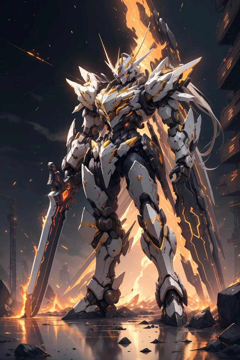 masterpiece,<lora:nijimecha:0.5>,nijimecha,Golden samurai mechs,heavy mechs,heavy armor,energy cores,crystals,stubby limbs,glowing eyes,fire,glow,standing,taller,larger,no human,neon punk,Glitch Art,universe,