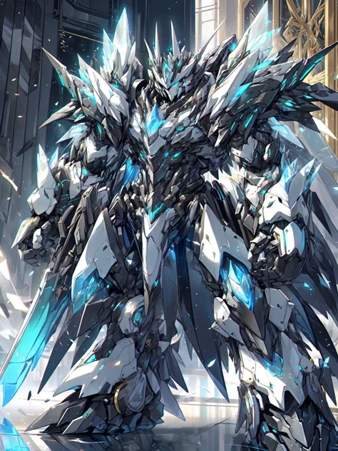 solo,masterpiece,<lora:add_detail:0.3>,<lora:nijimecha2:1>,nijimecha,Silver and black heavily armored mech with green eyes,glowing eyes,thick limbs,heavy armor,intricate details,