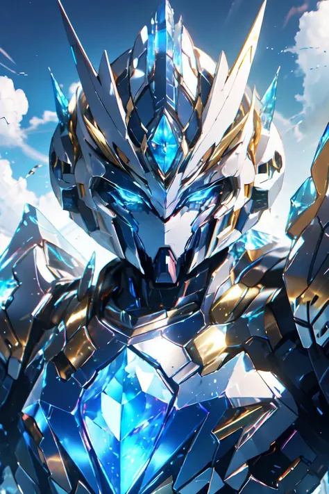nijimecha,Gundam mecha made of crystal,crystal armor,crystal,sunshine,sunny day,clouds,portrait,close-up,epic scene,masterpiece,best quality,<lora:nijimecha-p12:0.6>,blue theme,look at viewer,<lora:more_details:-0.5>, ,<lora:GoodHands-beta2:1>