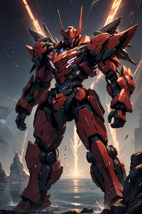 nijimecha,red mech standing in an endless sea,deep sea,mech with heavy armor,thick limbs,energy core,power armor,full armor,best quality,masterpiece,no human being,v-fin,<lora:nijimecha-p12:0.5>,bule theme