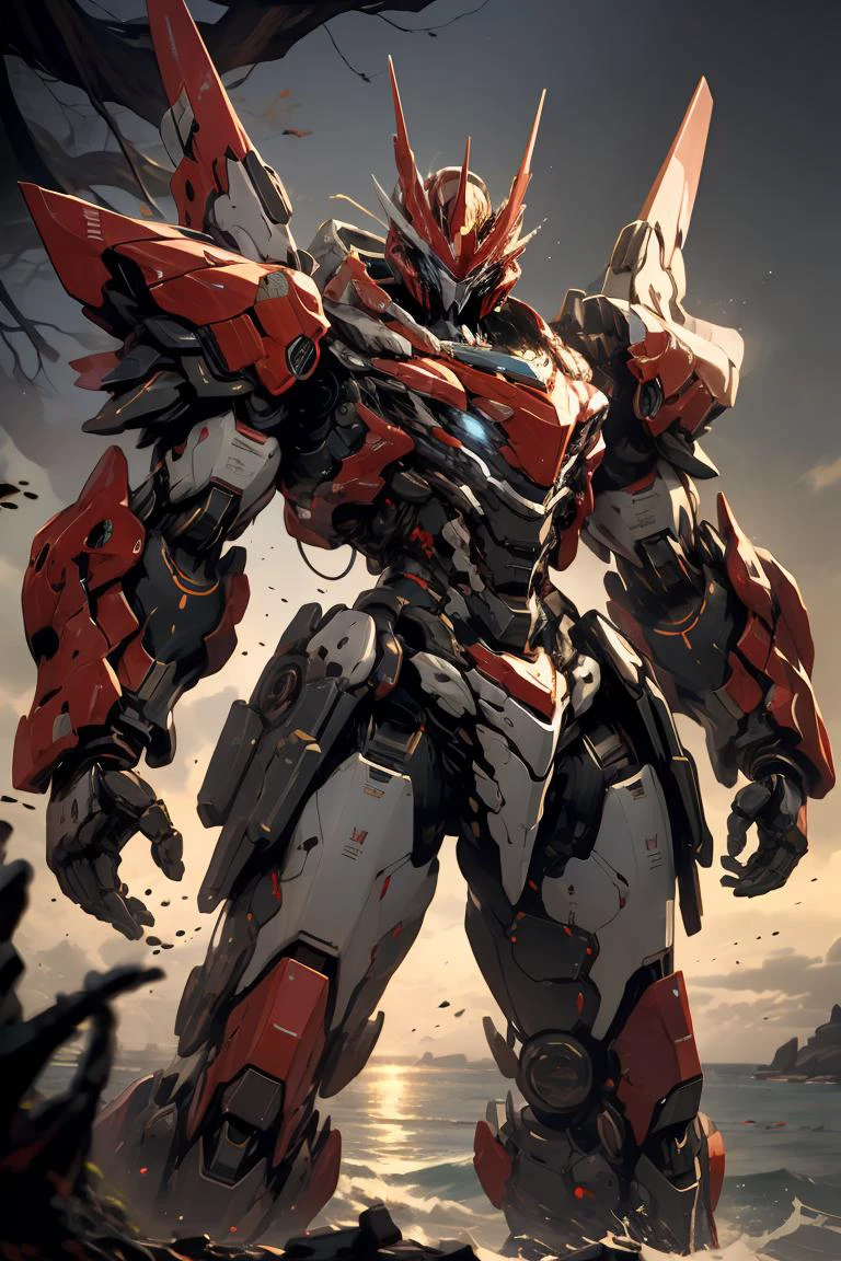 nijimecha,red mech standing in an endless sea,deep sea,mech with heavy armor,thick limbs,energy core,power armor,full armor,best quality,masterpiece,no human being,v-fin,<lora:nijimecha-p12:0.5>,bule theme