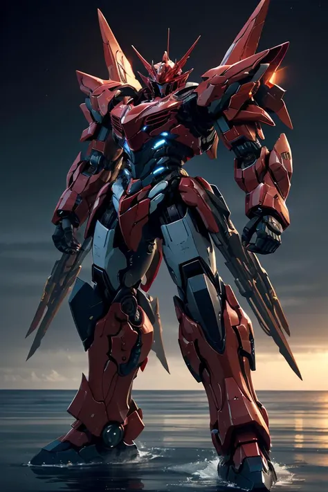 nijimecha,red mech standing in an endless sea,deep sea,mech with heavy armor,thick limbs,energy core,power armor,full armor,best quality,masterpiece,no human being,v-fin,<lora:nijimecha-p12:0.5>,bule theme