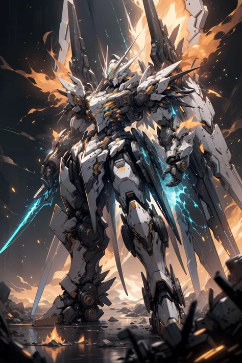 masterpiece,<lora:nijimecha:0.5>,nijimecha,Golden samurai mechs,heavy mechs,heavy armor,energy cores,crystals,stubby limbs,glowing eyes,fire,glow,standing,taller,larger,no human,neon punk,Glitch Art,universe,