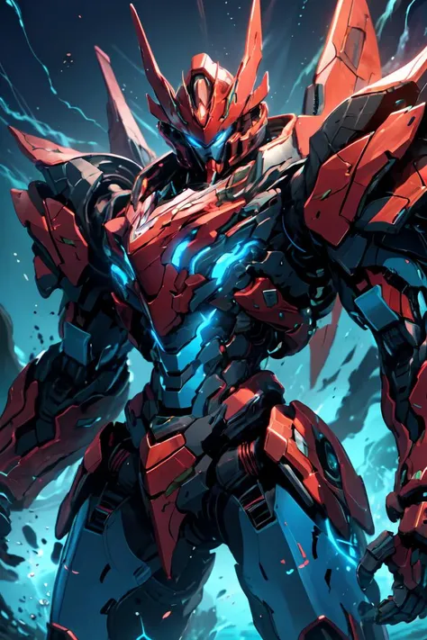 nijimecha,red mech standing in an endless sea,deep sea,mech with heavy armor,thick limbs,energy core,power armor,full armor,best quality,masterpiece,no human being,v-fin,<lora:nijimecha-p12:0.6>,blue theme,<lora:GoodHands-beta2:1>