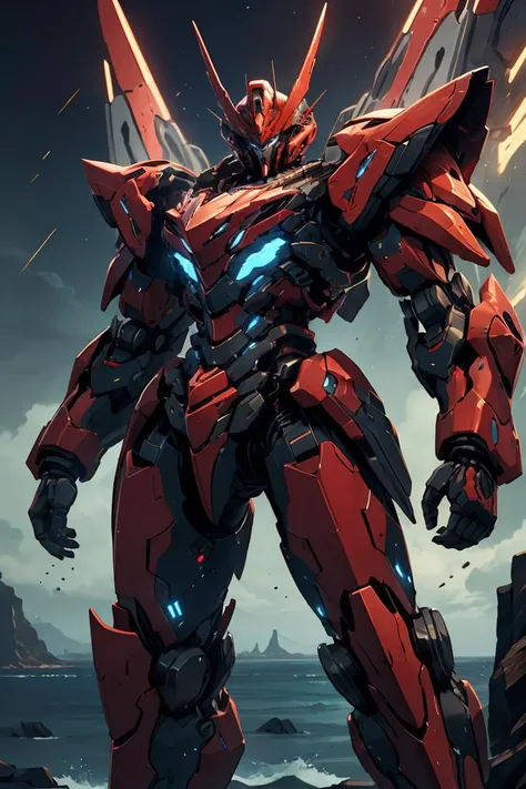 nijimecha,red mech standing in an endless sea,deep sea,mech with heavy armor,thick limbs,energy core,power armor,full armor,best quality,masterpiece,no human being,v-fin,<lora:nijimecha-p12:0.5>,bule theme