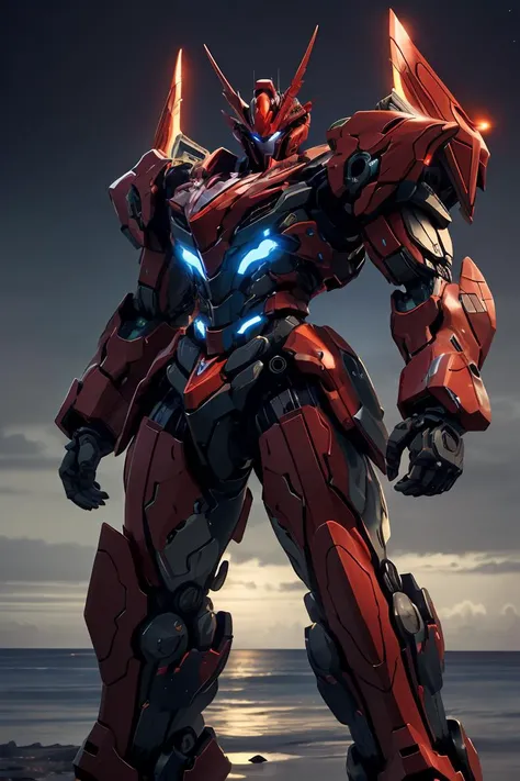 nijimecha,red mech standing in an endless sea,deep sea,mech with heavy armor,thick limbs,energy core,power armor,full armor,best quality,masterpiece,no human being,v-fin,<lora:nijimecha-p12:0.5>,bule theme