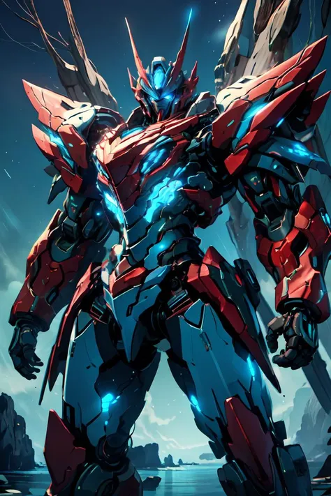 nijimecha,red mech standing in an endless sea,deep sea,mech with heavy armor,thick limbs,energy core,power armor,full armor,best quality,masterpiece,no human being,v-fin,<lora:nijimecha-p12:0.6>,blue theme,<lora:GoodHands-beta2:1>