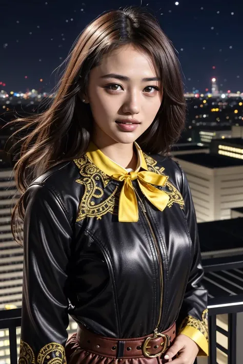 <kudouharuka> detailed high resolution screencap from japanese sentai action hero show, phantom thief girl with (short:1.25) brown hair wearing intricate black jacket with ornate yellow lace designs on collar and sleeves, yellow ascot, city rooftop under starry night sky, windy, mysterious smile