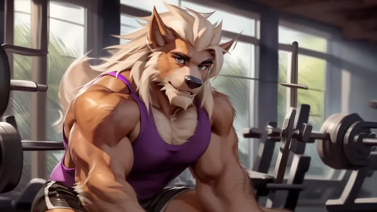 at gym, working out, arcanine, (by null-ghost, by chunie, by darkgem), tank top, shorts, body hair, hair, hairy, fluffy, long mane, male, <lora:detailed_eye-10:1>, <lora:GoodHands-vanilla-000020:1>, high res, 4k, 8k