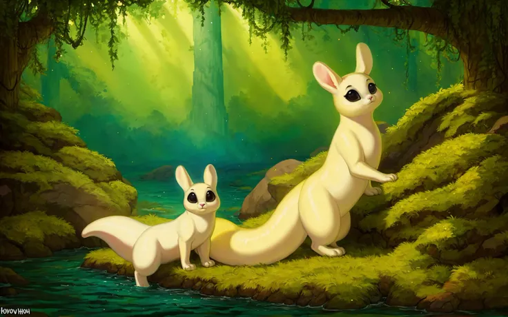 a beautiful and detailed ((slugcat)), ((tail)), smooth skin, honovy hioshiru foxovh, no mouth, standing, on their feet, looking at viewer, male and female slugcats, ((male with light yellow body)), ((female with white body)), black eyes, duet, female larger then male, male/female, river background, high detail, masterpiece,<lora:slugcatv1.1:1>