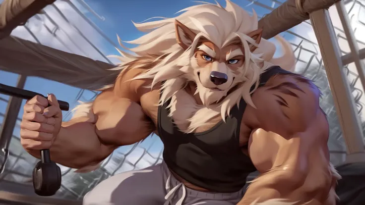 home gym, arcanine, (by null-ghost, by chunie, by darkgem), tank top, sweatpants, body hair, hair, hairy, fluffy, long mane, male, <lora:detailed_eye-10:1>, <lora:GoodHands-vanilla-000020:1>, claws, high res, 4k, 8k