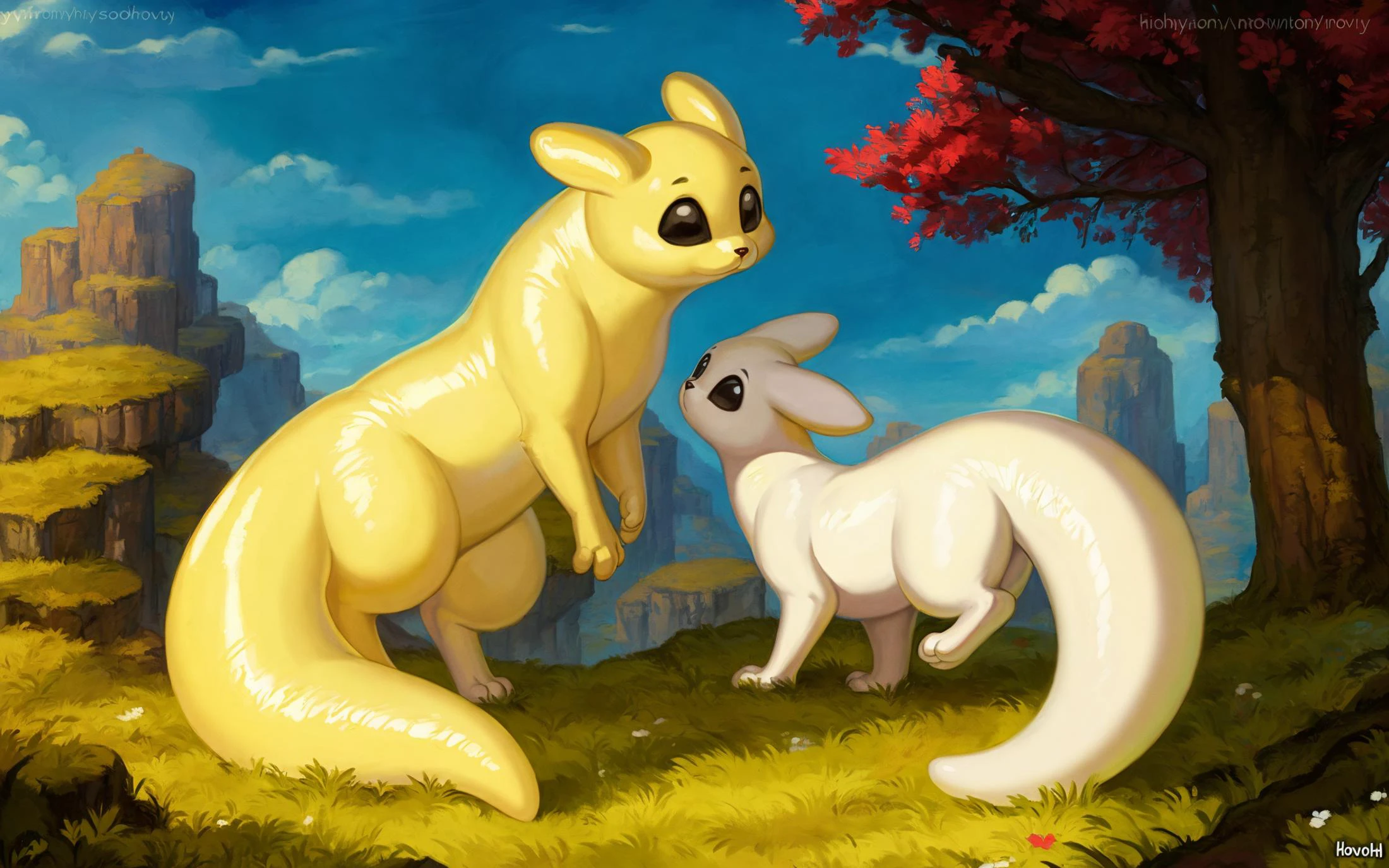 a beautiful and detailed ((slugcat)), ((tail)), smooth skin, honovy hioshiru foxovh, no mouth, standing, on their feet, looking at viewer, male and female slugcats, ((male with light yellow body)), ((female with white body)), black eyes, duet, female larger then male, male/female, sky mountain background, high detail, masterpiece,<lora:slugcatv1.1:1>
