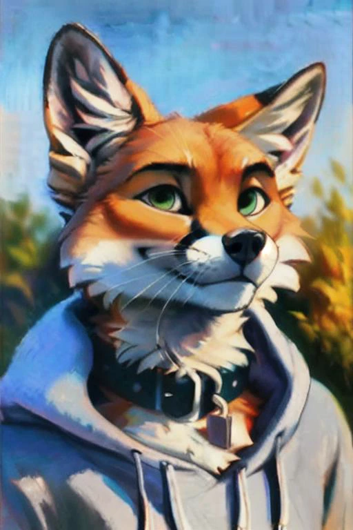 a beautiful and detailed portrait of a male fox, masterpiece, kenket, oil painting,detailed face, blue jeans, gray hoodie, gray and white hairs, white and orange fur, green eyes, collar, red sneakers, two multicolor tails, <lora:HioshiruFullLoha-000016:0.6>