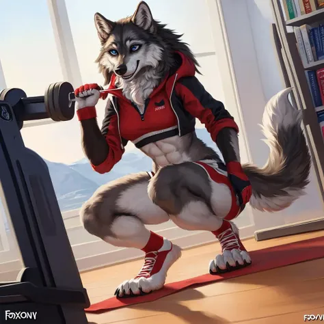 a beautiful and detailed portrait of a female (( wolf)),((fluffy detailed fur)) , grin, , foxovh honovy personalami,solo, medium breasts,teeth,tail, multicolored body, detailed blue eyes, clothes fold, detailed feminine snoot, abs, 
exercising, indoor gym, squat
super realism, detailed wolf head
,shorts, red sports bra, jacket, black clothing