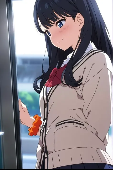 anime,screencap,solo,1girl,@ @,facing viewer,smile, from side,shy<lora:takarada_rikkav2:0.7>,takarada rikka, blue eyes, black hair, long hair, bangs,school uniform, white cardigan, black miniskirt, red bowtie, orange wrist scrunchie,ultra-detailed,masterpiece,best quality