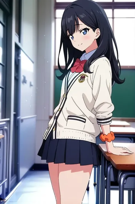 anime,screencap,solo,1girl,@ @,facing viewer,smile, from side,shy,leg,slender body,classroom,looking other,<lora:takarada_rikkav2:0.7>,takarada rikka, blue eyes, black hair, long hair, bangs,school uniform, white cardigan, black miniskirt, red bowtie, orange wrist scrunchie,ultra-detailed,masterpiece,best quality