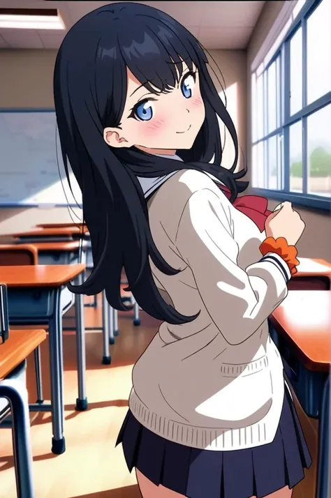 anime,screencap,solo,1girl,@ @,facing viewer,smile, from back,shy,leg,slender body,classroom,looking other,<lora:takarada_rikkav2:0.7>,takarada rikka, blue eyes, black hair, long hair, bangs,school uniform, white cardigan, black miniskirt, red bowtie, orange wrist scrunchie,ultra-detailed,masterpiece,best quality