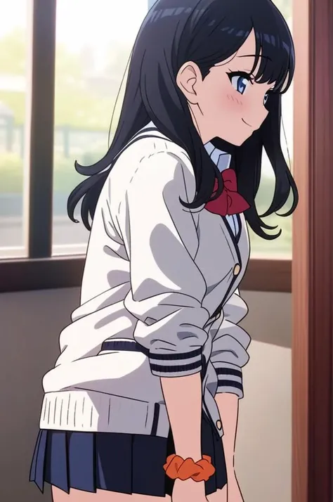 anime,screencap,solo,1girl,@ @,facing viewer,smile, from side,shy,leg<lora:takarada_rikkav2:0.7>,takarada rikka, blue eyes, black hair, long hair, bangs,school uniform, white cardigan, black miniskirt, red bowtie, orange wrist scrunchie,ultra-detailed,masterpiece,best quality