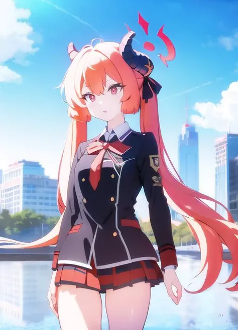 junko,school uniform,slit pupils,demon horns,twintails,halo,blue sky,masterpiece,best quality,ultra-detailed, ray tracing,perfect lighting, cowboy shot,(shiny skin:1.2)[wet with oil:0.3],reflection,  <lora:tangbohu-line_1.0:0.3>,<lora:23528-1702:-0.1>, <lora:add_saturation:2> ,<lora:add_sharpness:-2> , <lora:animemix_16:1> ,<lora:add_brightness:1.5>, <lora:add_detail:-0.5>, <lyco:blueArchiveArtstyle_v106:0.5>,  <lora:chara-junko-v1c:1>
