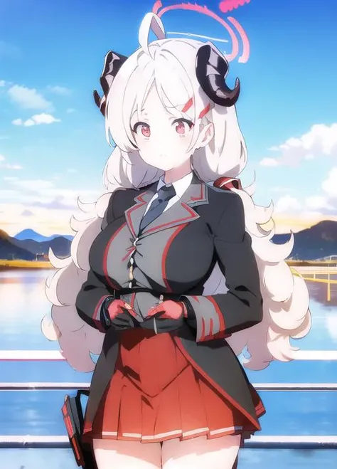 izumidef,school uniform,demon horns,halo,blue sky,masterpiece,best quality,ultra-detailed, ray tracing,perfect lighting, cowboy shot,(shiny skin:1.2)[wet with oil:0.3],reflection,  <lora:tangbohu-line_1.0:0.3>,<lora:23528-1702:-0.1>, <lora:add_saturation:2> ,<lora:add_sharpness:-2> , <lora:animemix_16:1> ,<lora:add_brightness:1.5>, <lora:add_detail:-0.5>, <lyco:blueArchiveArtstyle_v106:0.5>,   <lora:izumi1-000006:1>