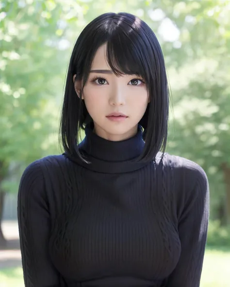 pureerosface_v1, best quality, photorealistic, 8k, high res, full color, 1girl, woman, 20 years old woman, (closed mouth:1.2), (skindentation), (portrait:0.6), trees, park bench, daylight, ((park background:1.52)), full color, ((necksweater:1.68)), straight-looking at viewer:1.8, (1girl eyes looking at viewer:1.55), (short-length hair, blackhair, partedhair:1.45), (bokeh), <lora:AAV-airi:0.7>