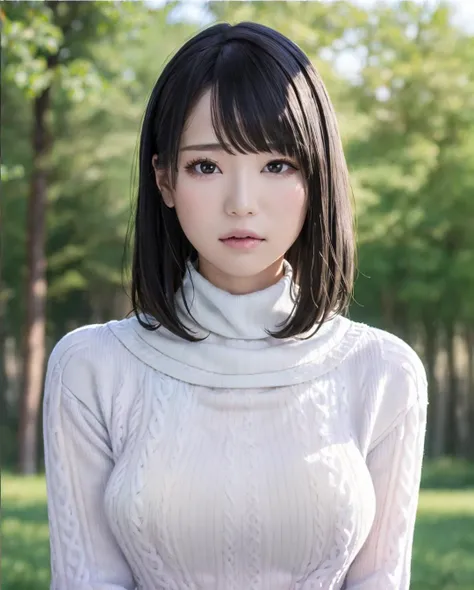 pureerosface_v1, best quality, photorealistic, 8k, high res, full color, 1girl, woman, 20 years old woman, (closed mouth:1.2), (skindentation), (portrait:0.6), trees, park bench, daylight, ((park background:1.52)), full color, ((necksweater:1.68)), straight-looking at viewer:1.8, (1girl eyes looking at viewer:1.55), (short-length hair, blackhair, partedhair:1.45), (bokeh), <lora:AAV-airi:0.7>