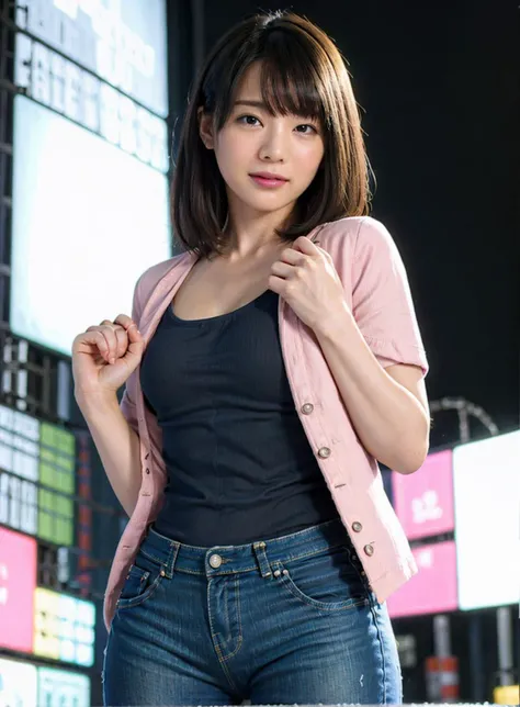 best quality, photorealistic, 8k, high res, 1girl, woman, (skindentation), (portrait:0.6), gorgeous, ((neon light, time square, cityscapebackground:1.65)), ((blue pants, denimjacket with pinktshirt inside:2)), straight-looking at viewer:1.8, (1girl eyes looking at viewer, short-length straighthair, black hair, partedhair:1.75), photorealistic, (bokeh), (smile:1.2), (closed mouth:0.56), gorgeous, pureerosface_v1, <lora:AVID-china:0.75>