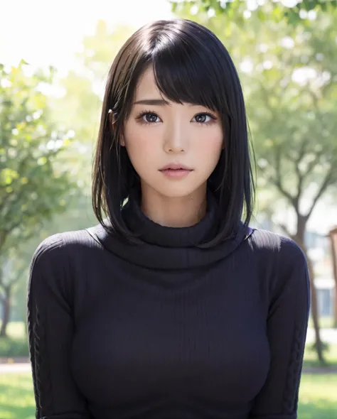 pureerosface_v1, best quality, photorealistic, 8k, high res, full color, 1girl, woman, 20 years old woman, (closed mouth:1.2), (skindentation), (portrait:0.6), trees, park bench, daylight, ((park background:1.52)), full color, ((necksweater:1.68)), straight-looking at viewer:1.8, (1girl eyes looking at viewer:1.55), (short-length hair, blackhair, partedhair:1.45), (bokeh), <lora:AAV-airi:0.7>