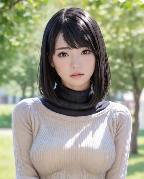 pureerosface_v1, best quality, photorealistic, 8k, high res, full color, 1girl, woman, 20 years old woman, (closed mouth:1.2), (skindentation), (portrait:0.6), trees, park bench, daylight, ((park background:1.52)), full color, ((necksweater:1.68)), straight-looking at viewer:1.8, (1girl eyes looking at viewer:1.55), (short-length hair, blackhair, partedhair:1.45), (bokeh), <lora:AAV-airi:0.7>